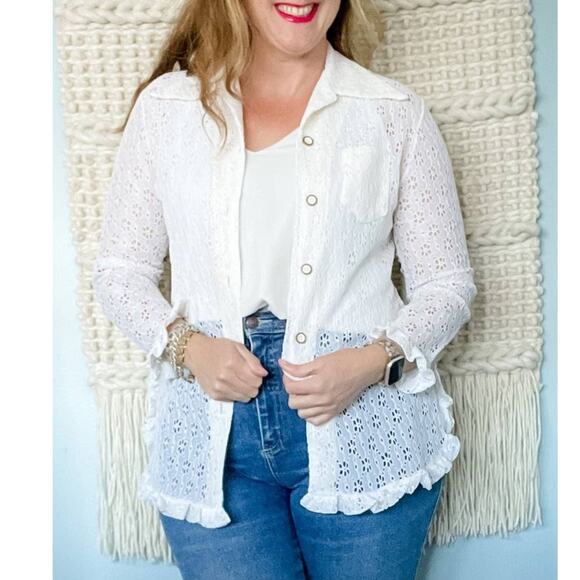Vintage 70s Daisy lace ruffle off white wide collar button down blouse size M - Picture 10 of 11